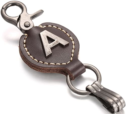 Marino Avenue Brown Leather Single Letter Monogram Keychain with Easy Clasp Key - A