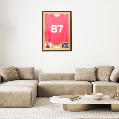 Homodoskey Jersey Frame Display Case, Large Clear Acrylic Shadow Box with UV Protection for Basketball Football Hockey shirts, Wall Mount Wooden Showcase for Sports fans (Golden)