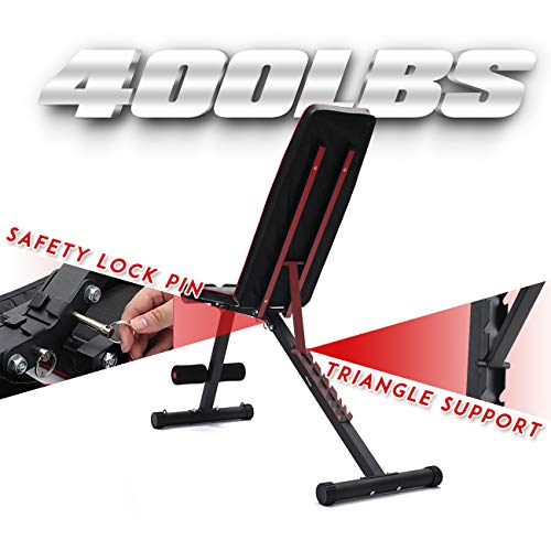 KINGMAZI Adjustable Weight Bench, Exercise Workout Bench for Full Body Workout- Multi-Purpose Foldable Bench, Folding Dumbbells Bench with Elastic Ropes, 400lbs Capacity