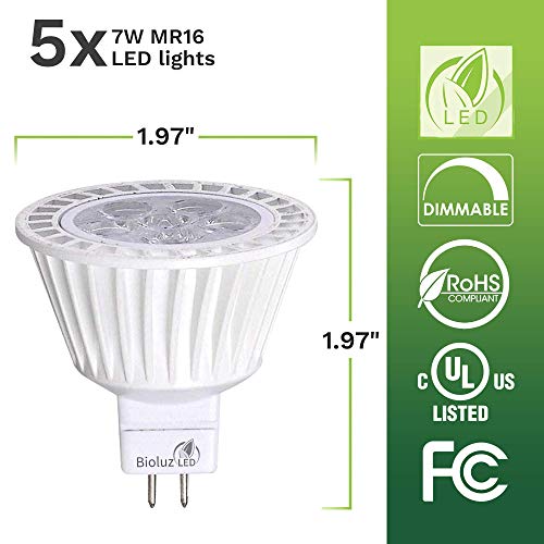 Bioluz LED 5 Pack MR16 LED Bulb Dimmable 50W Halogen Replacement 7w