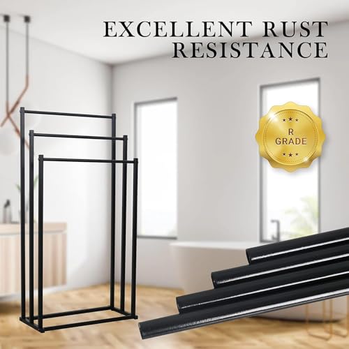 BSJIASHIWEI 3-Tier Black Metal Towel Rack Chrome High Industrial Modern Freestanding Towel Rack Bathroom Accessory Organizer for Bathroom Storage and Towels, Towels, By Tub or Shower