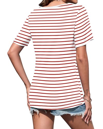 WNEEDU Women's Summer T-shirts Short Sleeve Elegant Blouses with V Neck and Buttons Top Tshirt