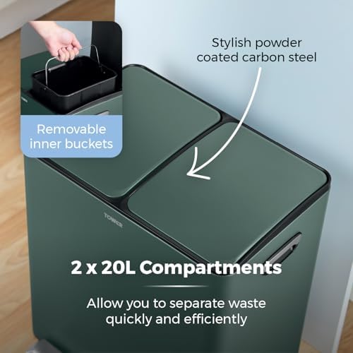 T838022FOR Pattumiera a pedale con due scomparti da 20 litri, corpo in acciaio al carbonio, due secchi interni, 40 l, verde foresta