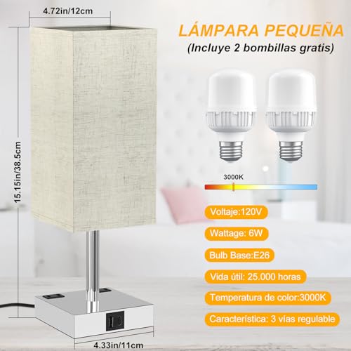 Sunsign Lámparas de Mesa táctil para 2 piezas, 3 Niveles de Brillo, lampara de noche con 2 Puertos USB (A+C) y 2 Salidas de CA, Lámpara de Lectura para habitación (bombilla incluida, blanco)