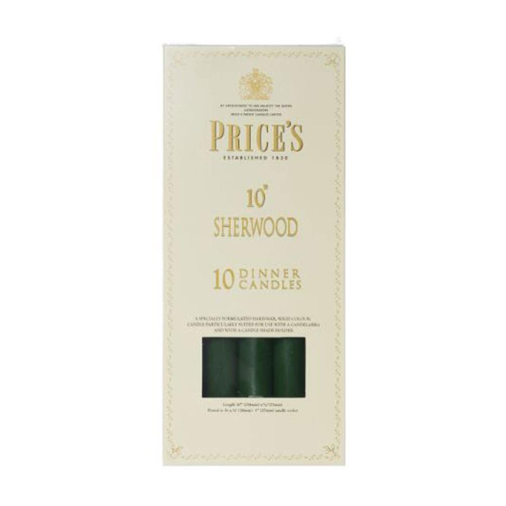 Price's - 10" Sherwood Dinner Candles - 10 Pack - Evergreen - Solid Colour - Up to 9 Hour Burn Time - Smokeless - Unscented - Non-Drip - Multi-Purpose