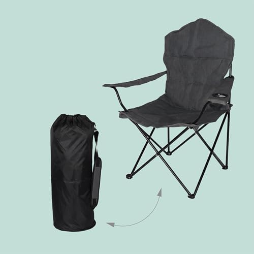 Campingstuhl, klappbar, Armlehnen, Getränkehalter, Tragetasche, HxBxT: 106x90x45 cm, 100 kg, Klappstuhl, grau