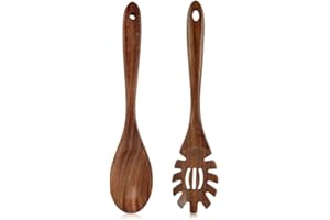 Wooden Pasta Server Set, 2-Piece Kitchen Utensil Set with Serrated Fork and Serving Spoon for Cooking, Stirring and Serving, 