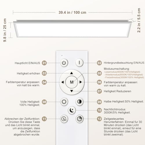 LED Ceiling Light Dimmable - LED Panel 100 x 25 cm, 36 W 3600 LM Ceiling Light with Remote Control 3000 K - 6500 K - Night Light Warm - Ceiling Light Flat for Bedroom Children's Room Living Room Kitchen Lamp