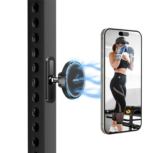 APPS2Car Soporte Magnético para Teléfono de Gimnasio, Base de Aleación y Rótula Metálica, Se Adhiere a Superficies Metálicas, Compatible con iPhone 12-17 y Android, Rotación 360°