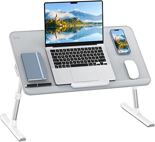 SAIJI Laptop-Betablett/Schreibtisch, aus PVC-Leder, verstellbar, tragbar, mit faltbaren Beinen, für Frühstück, Lesetisch für Sofa, Couch, Boden (grau,