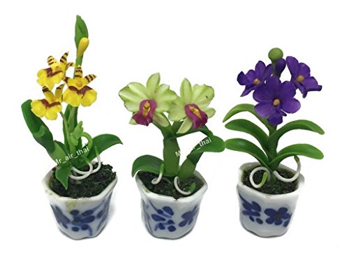 3pc Miniature Flower Clay Dollhouse Fairy Garden Mini Plant Trees Ceramic Paint Furniture Bundles Artificial Flowers Tiny Orchid #079