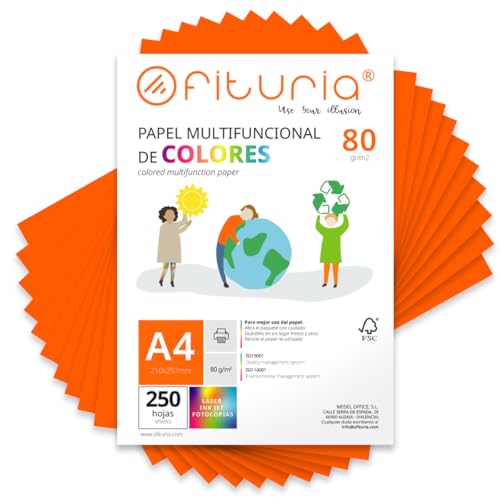 Fogli Colorati, Confezione da 250 Fogli A4 80gr – Carta Colorata per Lavoretti Creativi, Stampante, Scrapbooking – Fogli Colorati – Ideale per Origami, Ufficio e Scuola (Arancione Fluo, 250h)