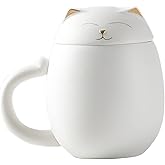 DUANMUL Cat Mug Cute Ceramic Coffee Cup with Infuser and Lid,Filter for Steeping Loose Leaf,kawaii coaster,Novelty Morning Cup Tea Milk Christmas Mug Chinese Handmade Porcelain Teacup(White)