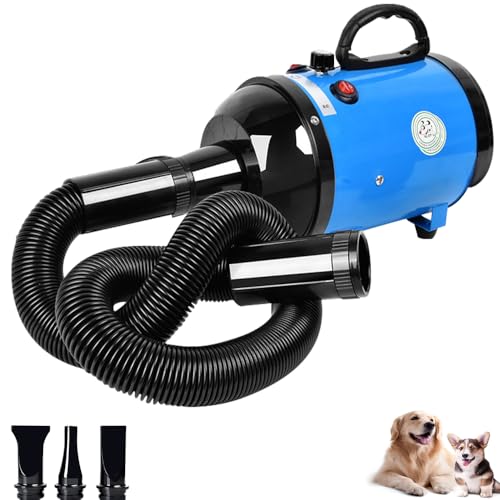Gluckluz Pet Hair Dryer Blower Blowing Machine Hair Drying for Dog Cat Grooming Fur Blaster High Velocity Powerful Hairdryer with 3 Nozzles (Blue)