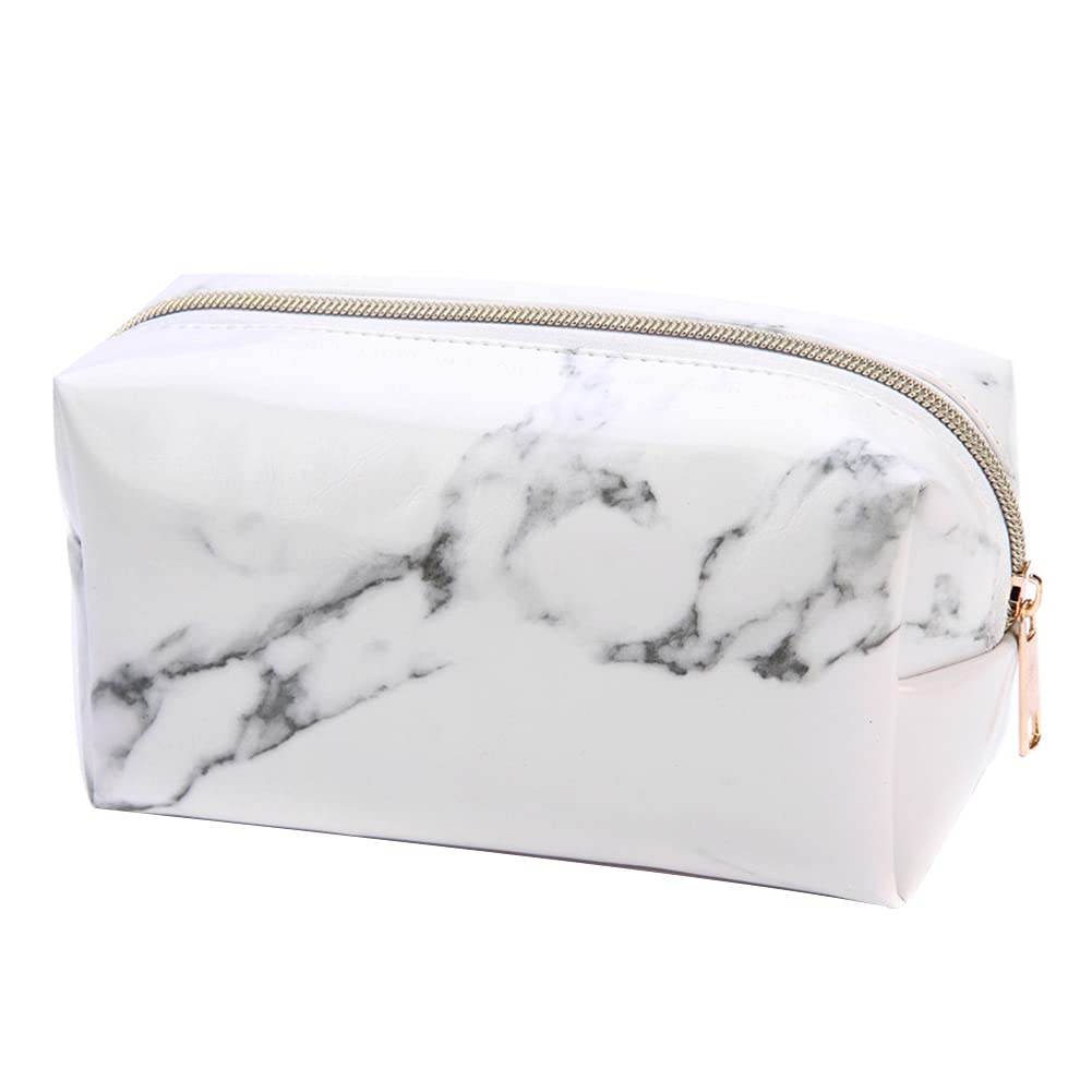 QuirkyLiving White Marble PU Stationery Pencil Case Pouch Makeup Bag with Gold Zip for Girls Woman's Teenagers