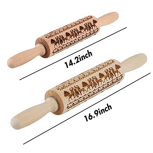 Koogel Embossed Rolling Pins Set, 2 Pcs Different Sizes Christmas Wooden Rolling Pins Parent-Child Reindeer Rolling Pins Pastry Rolling Pin for Cookies Crusts Pies Pastry Clay
