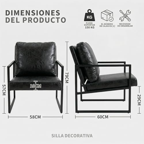 Simple Wisdom Sillon Individual,Sillones Para Sala,Sillones Individuales Viene Con Cojines y Almohadas,Marco de Metal,Fácil montaje,60*58*79 CM,Adecuado Para Sala Estar,Dormitorio,Oficina(Negro-1)