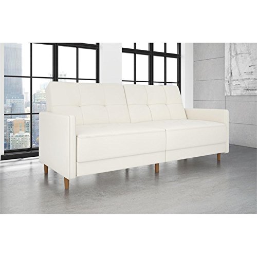 DHP Andora Coil Futon Sofa Bed Couch with Mid Century Modern Design White Faux Leather