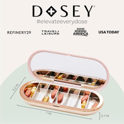 Dosey Compact Travel Pill Organizer - Pill Case with 7 Compartments for Medicine Storage & Protection – Stylish & Elegant Medication Organizer with Mirror, Blush