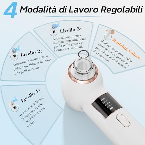Aspiratore Punti Neri per Pulizia Viso Rimozione Punti Neri con 5 Testine Sottovuoto 4 Strumenti Manuali 3 Livelli di Aspirazione per Pelle Grassa Blackhead Remover Elettrico Portatile | 3 Livelli di Aspirazione,Elettrico Portatile, Tutti i Tipi di Pelle,Set di strumenti per la rimozione dei punti neri