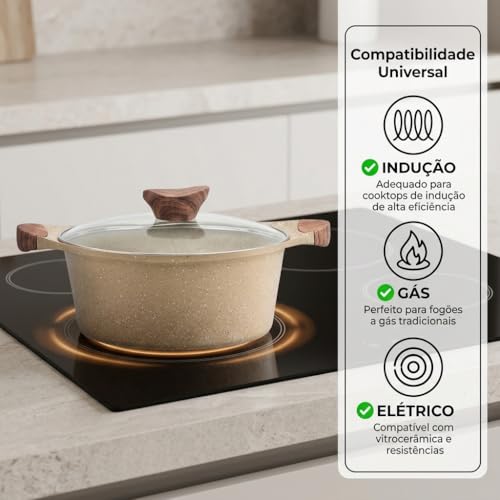Jogo de Panelas 6 Peças Vanila Alumínio Revestimento Cerâmico Antiaderente Fogão Indução Eletrico Gás e Vitroceramico