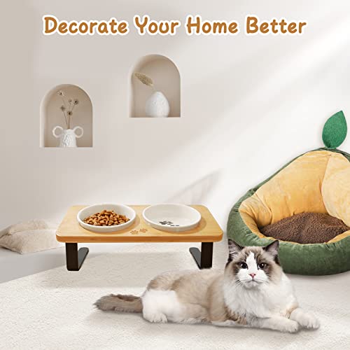 Ceramic Elevated Cat Bowls, 15° Tilted Raised Cat Food Bowls for Food and Water, Indoor Cat Dishes with Bamboo Stand Anti Vomiting for Cats and Puppy, Pet Bowl Set with Anti Slip Feet, Dishwasher Safe