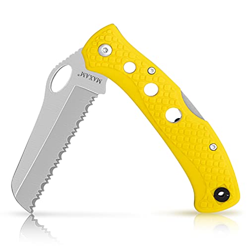 Photo 1 of Maxam 5 Inch Saltwater Knife - Rust-Proof German Stainless Steel Serrated Blade with High-Visibility Yellow Handle, Reversible Pocket Clip, Lanyard Hole
