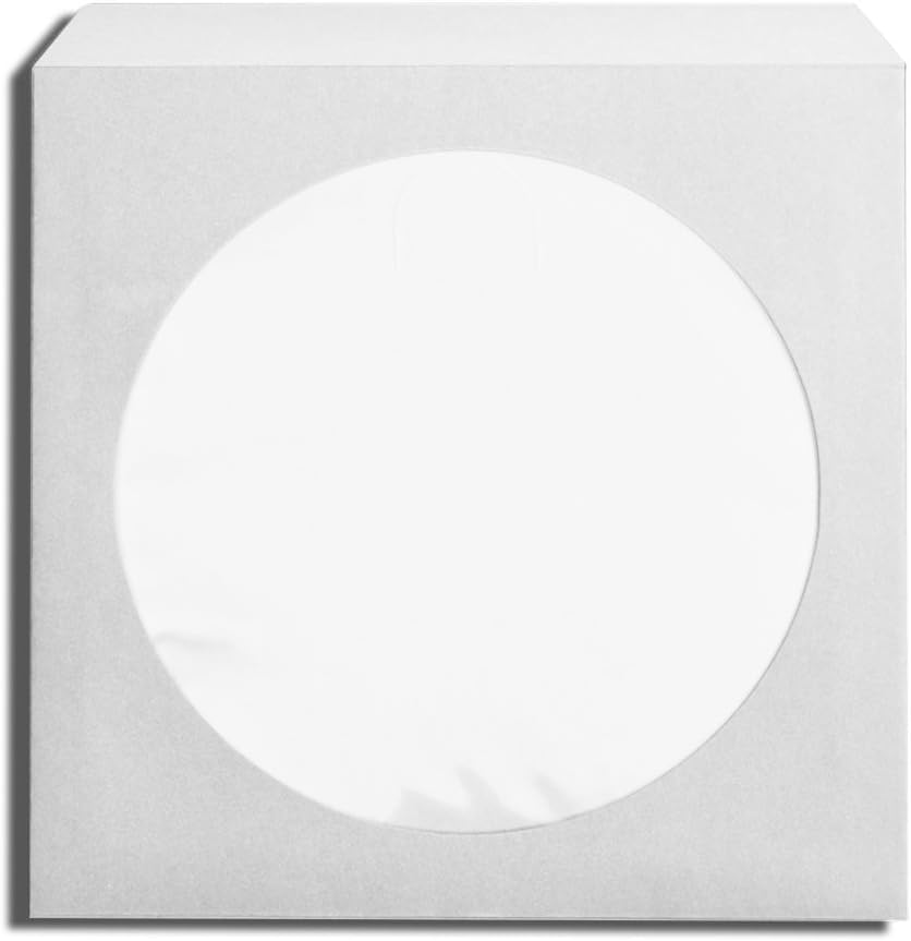 100 x White CD DVD Blu Ray Disc Sleeves With Transparent Window and Tuck Flap. Hold 1 Disc Of Any Format. Clear Window Displays Disc Artwork Clearly.