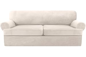 GAMUKAI Velvet T Cushion Sofa Cover 3 PCS Couch Cover Furniture Protector Stretch T Cushion Loveseat Slipcover with 2 Individual T Cushion Covers (Ivory, Loveseat)