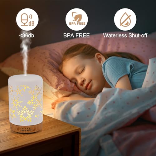 GuKKK Ceramic Essential Oil Diffuser Humidifier, 100 ml Silent Ultrasonic Aromatherapy Humidifier, with Timers and 7 LED Colours, for Home Office Bedroom