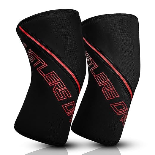 Hustlers Only 7MM Gym Knee Sleeves for Powerlifting, Weightlifting Double Ply Knee Sleeves for Support, knee Pian Relief and Protection Heavy Duty Pair for Strongman and Women (Black/Red, L)