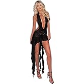 PWMENLK Women's Sexy Slim-Fitting See-Through Mesh Backless Low-Cut Halter Neck Hip-Wrapped Short Dress Black