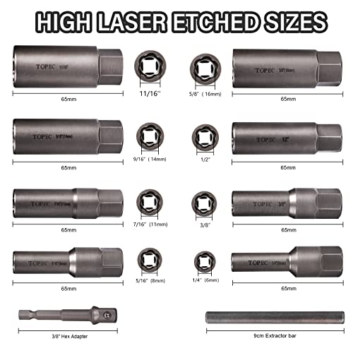 TOPEC 10Piece Spiral Type Deep Bolt Extractor Set, Spark Plug Extraction Socket Set, Stripped