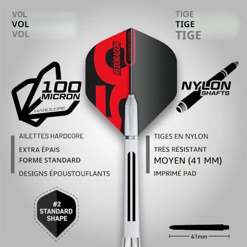 RED DRAGON Axis Series Tungstène Fléchettes Ensemble avec Vols, Arbres (tiges) et Portefeuille