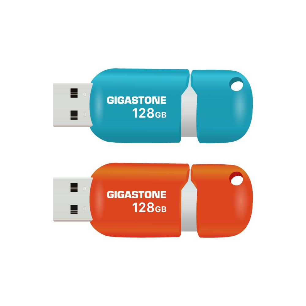 GIGASTONE 128GB 2-Pack V10 USB 2.0 Flash Drive Thumb Drive Memory Stick Pen Drive Capless Retractable Design (Blue&Orange)