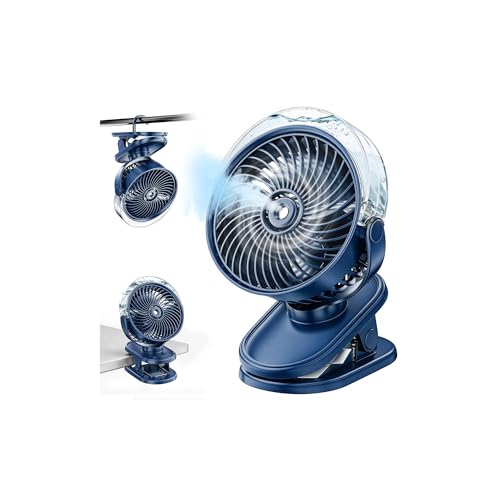 Ventilatore a Clip con Nebbia, 6000mAh USB-C Ricaricabile Mini Ventilatore Personale, 4 Velocità – 360° Girevole, Silenzioso, Luce LED per Passeggino, Carrello da Golf, Campeggio, Ufficio & Viaggio