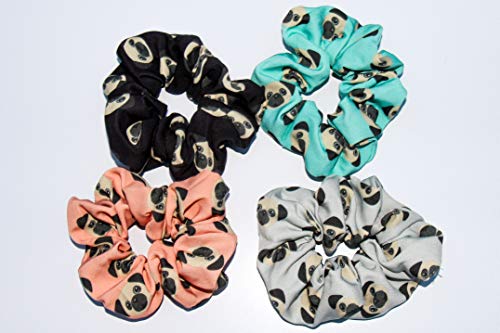 Pug Dog Hair Scrunchies 4 Pack Cotton Elastic Hair Bands Scrunchy Hair Ties Ropes Scrunchie for Women or Girls Hair Accessories