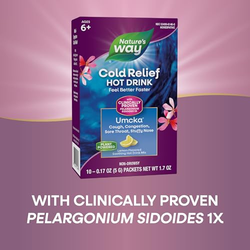 Nature's Way Cold Relief Hot Drink, Umcka, Homeopathic, Clinically Proven Pelargonium Sidoides 1X, for Cough, Congestion, Sore Throat, Stuffy Nose, Lemon Flavored, 10 Packets (Packaging May Vary)