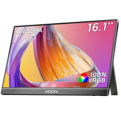 ARZOPA 16.1" Portable Monitor, 1920×1080 FHD IPS 100% sRGB Tragbarer Monitor für Laptop mit Einzelstange, Unterstützt HDMI/Typ-C/USB-C, Augenschutz-Gaming-Bilds