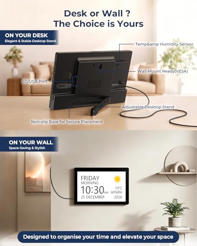 ROCAM 10 Inch Digital Clock, Digital Alarm Clock with Large Screen, Calendar, 20 Alarms and Reminders, 18 Ringtones, 12 Themes, Temperature and Humidity, USB and SD Photo Album | Pantalla grande 10,1", 20 alarmas, recordatorios personalizados, fotos USB/SD, temperatura, humedad, pared o mesa