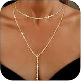 Yowivon Gold Necklace for Women, Dainty Long Necklace 14k Gold Plated Y-Shaped Layered Pendant Beaded Chain Drop Necklaces Trendy Simple Gold Jewelry for Women Set Gifts