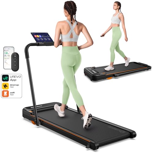 UREVO Strol 2E Smart Walking Pad Treadmill, Folding Treadmill with APP, Compact Treadmills for Home with Safety Handle, Dual LED Display, Walking or Running Pad for Home Office, Remote Included