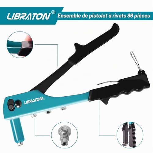 Libraton 80 Pieces Manual Riveter Rivet Pliers Interchangeable Set with Rivets for 4 Types of Rivets HSS Drill Bits Riveter for Automotive, Railway, Furniture, Instrument