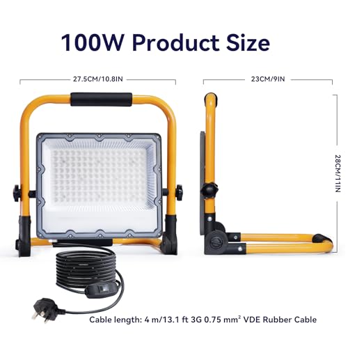 MEEKBOS 100W LED Work Light with Switch and 13.1 ft Cable, 10000LM Construction Light, 700W Equivalent 6500K Portable Working Lights with Stand, IP66 Waterproof Job Site Light for Construction Site