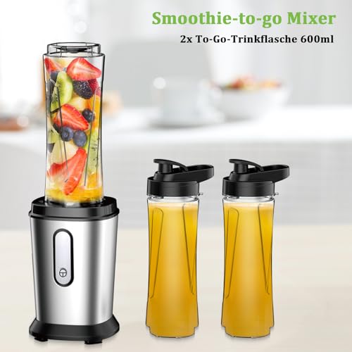 Mixer, 500 W Mini Stand Mixer & Smoothie Maker with 2 x 600 ml Bottles, BPA-Free Tritan, Portable Mixer Smoothie Maker Made of Stainless Steel, 4 Sheets for Shake, Smoothie, Silver (Silver)