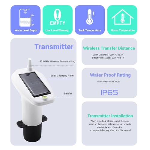 Oumefar Sensor de Nivel Ultrasónico Tanque de Agua Medidor de Profundidad de Líquido Medidor de Exhibición Digital Electrónica Transmisor con Diseño Inalámbrico para Uso Industrial