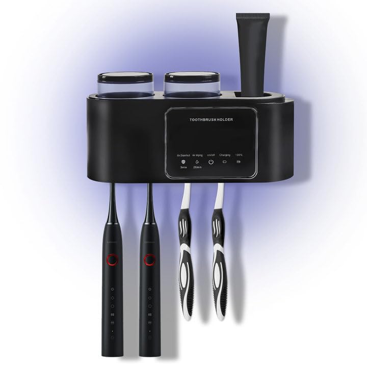 Les-Theresa Toothbrush Holder Wall Mounted Uv Toothbrush Sanitizer with 2 Cups Tooth Brush Electric Toothpaste Holder with 4 Brush Slots, Toothpaste Dispenser Automatic Smart Home Accessories