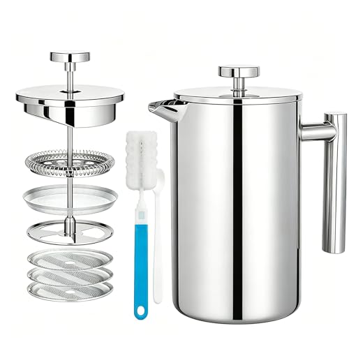 KAMYSEN Prensa Francesa, 1000ml Cafetera de Acero Inoxidable de Doble Pared | 3pcs Filtro de Repuesto, 1pc Cucharas de Acero Inoxidable, 1pc Brocha de Esponja