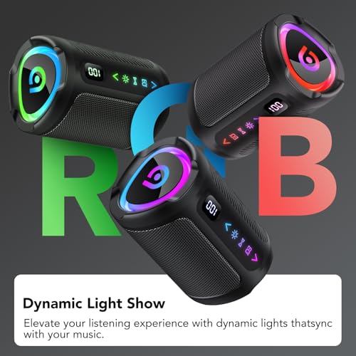 aowoka Portable Wireless Bluetooth Speaker with LED Light, Smart Digital Screen+Smart EQ, Bluetooth 5.4, Powerful Bass, IPX7 Waterproof, Speaker for Travel/Sport/Party/Bike