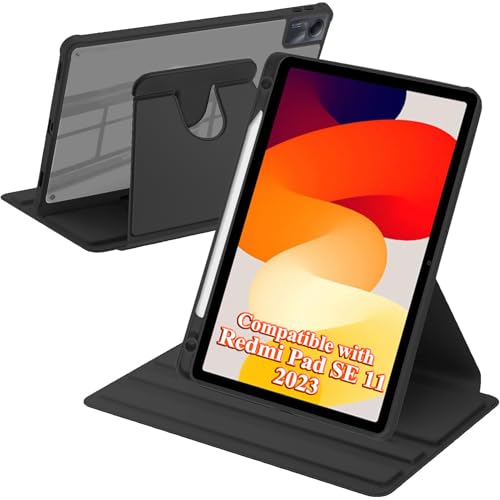 A-BEAUTY Rotating Case Compatible with Xiaomi Redmi Pad SE 11 Inch 2023 with Pen Holder, 360° Rotation Stand Shockproof Cover Clear Back, Auto Wake/Sleep, Black
